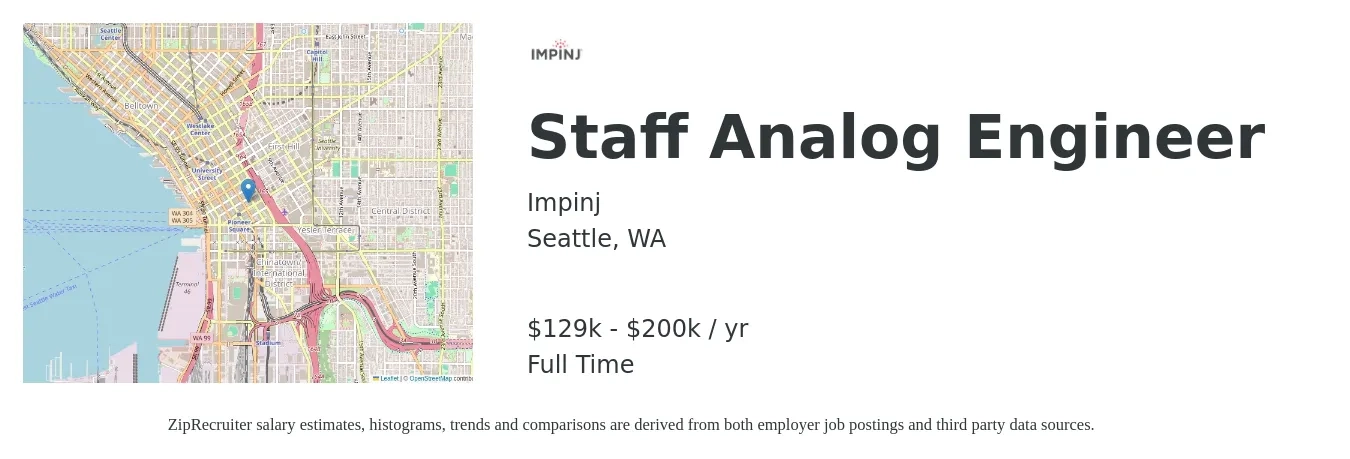 Impinj job posting for a Staff Analog Engineer in Seattle, WA with a salary of $129,000 to $200,000 Yearly with a map of Seattle location.