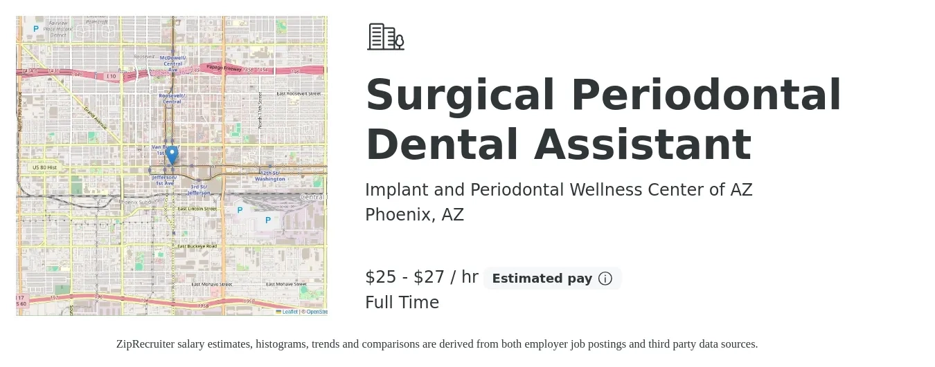 Implant and Periodontal Wellness Center of AZ job posting for a Surgical Periodontal Dental Assistant in Phoenix, AZ with a salary of $35 to $37 Hourly with a map of Phoenix location.