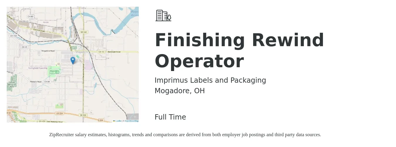 Imprimus Labels and Packaging job posting for a Finishing Rewind Operator in Mogadore, OH with a salary of $14 to $17 Hourly with a map of Mogadore location.
