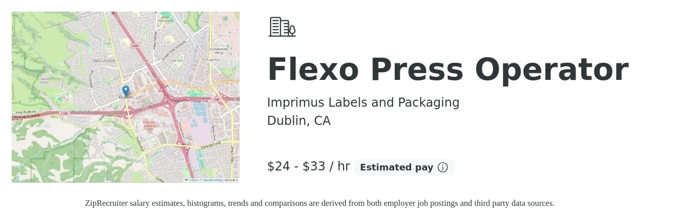 Imprimus Labels and Packaging job posting for a Flexo Press Operator in Dublin, CA with a salary of $25 to $35 Hourly with a map of Dublin location.