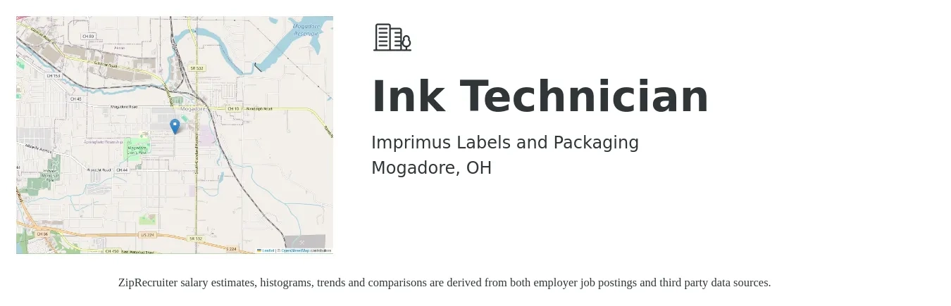 Imprimus Labels and Packaging job posting for a Ink Technician in Mogadore, OH with a salary of $16 to $21 Hourly with a map of Mogadore location.