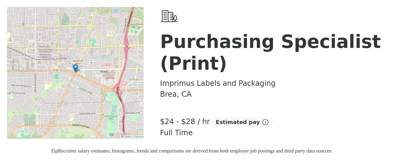 Imprimus Labels and Packaging job posting for a Purchasing Specialist (Print) in Brea, CA with a salary of $25 to $30 Hourly with a map of Brea location.