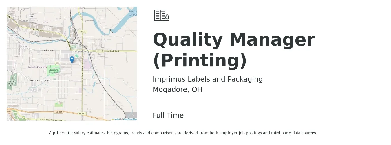 Imprimus Labels and Packaging job posting for a Quality Manager (Printing) in Mogadore, OH with a salary of $60,200 to $94,000 Yearly with a map of Mogadore location.