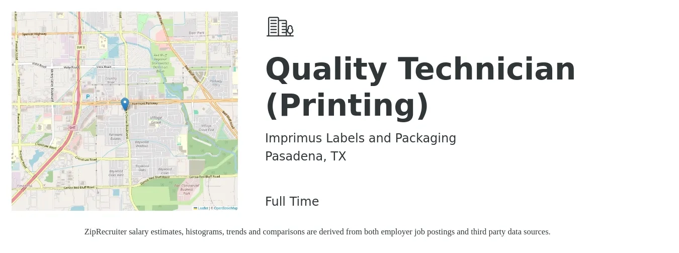 Imprimus Labels and Packaging job posting for a Quality Technician (Printing) in Pasadena, TX with a salary of $16 to $22 Hourly with a map of Pasadena location.