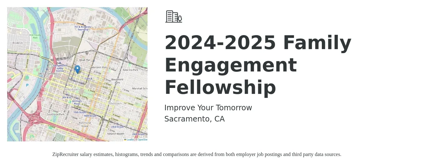 Improve Your Tomorrow job posting for a 2024-2025 Family Engagement Fellowship in Sacramento, CA with a salary of $1,565 Weekly with a map of Sacramento location.