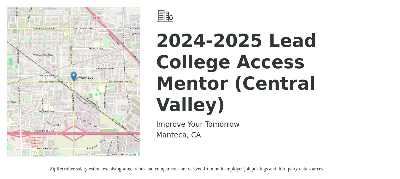 Improve Your Tomorrow job posting for a 2024-2025 Lead College Access Mentor (Central Valley) in Manteca, CA with a salary of $1,250 Weekly with a map of Manteca location.