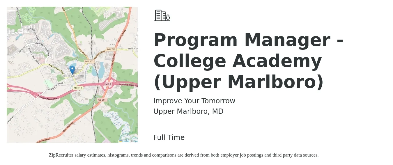 Improve Your Tomorrow job posting for a Program Manager - College Academy (Upper Marlboro) in Upper Marlboro, MD with a salary of $20 to $28 Hourly with a map of Upper Marlboro location.