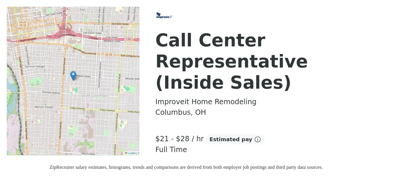 Improveit Home Remodeling job posting for a Call Center Representative (Inside Sales) in Columbus, OH with a salary of $22 to $30 Hourly with a map of Columbus location.
