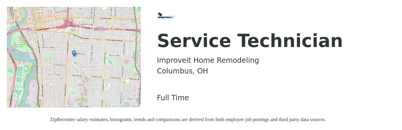 Improveit Home Remodeling job posting for a Service Technician in Columbus, OH with a salary of $19 to $26 Hourly with a map of Columbus location.