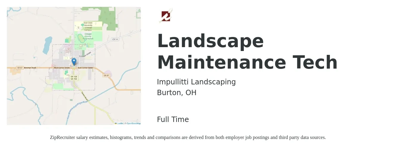 Impullitti Landscaping job posting for a Landscape Maintenance Tech in Burton, OH with a salary of $15 to $19 Hourly with a map of Burton location.