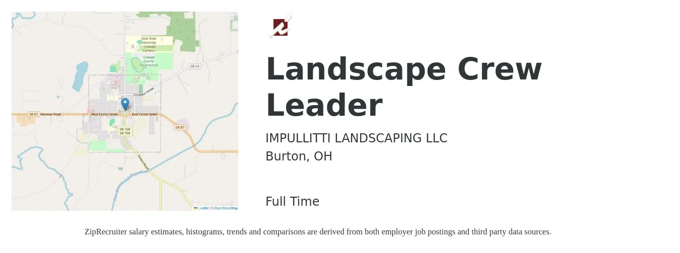 Impullitti Landscaping job posting for a Landscape Crew Leader in Burton, OH with a salary of $16 to $21 Hourly with a map of Burton location.