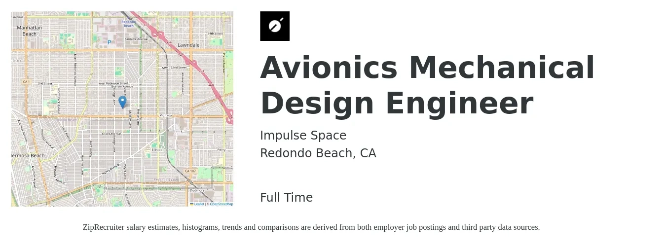 Impulse Space job posting for a Avionics Mechanical Design Engineer in Redondo Beach, CA with a salary of $80,500 to $109,100 Yearly with a map of Redondo Beach location.