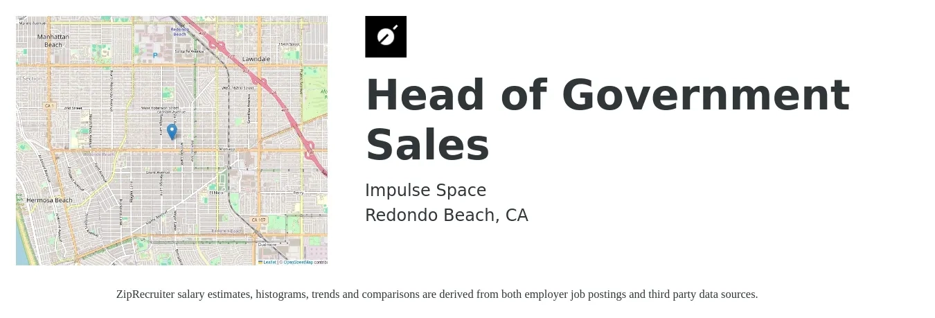 Impulse Space job posting for a Head of Government Sales in Redondo Beach, CA with a salary of $180,000 to $250,000 Yearly with a map of Redondo Beach location.
