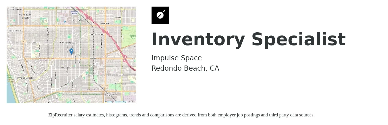 Impulse Space job posting for a Inventory Specialist in Redondo Beach, CA with a salary of $19 to $24 Hourly with a map of Redondo Beach location.