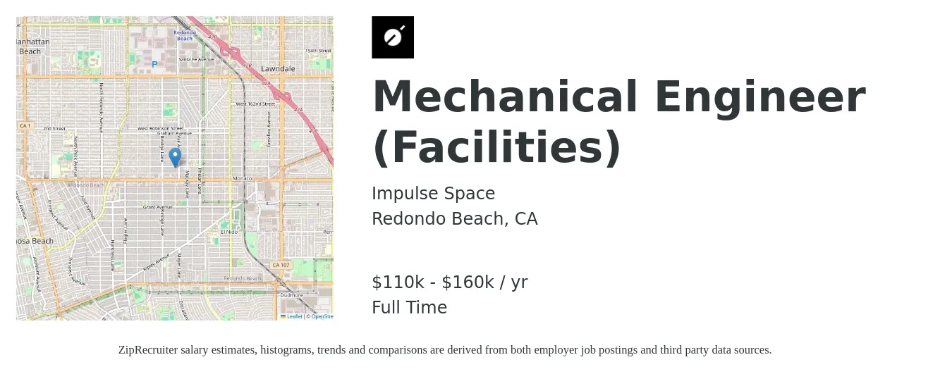 Impulse Space job posting for a Mechanical Engineer (Facilities) in Redondo Beach, CA with a salary of $76,800 to $112,300 Yearly with a map of Redondo Beach location.
