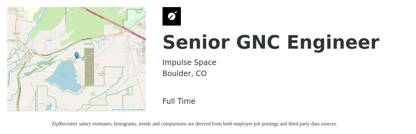 Impulse Space job posting for a Senior GNC Engineer in Boulder, CO with a salary of $108,400 to $148,800 Yearly with a map of Boulder location.