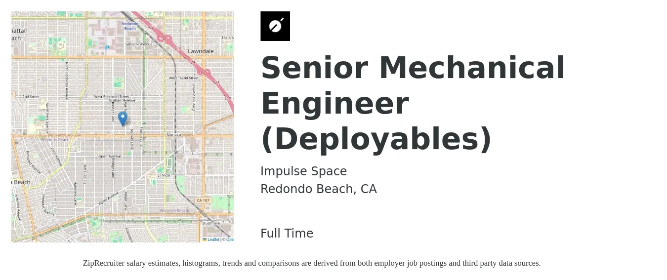 Impulse Space job posting for a Senior Mechanical Engineer (Deployables) in Redondo Beach, CA with a salary of $110,700 to $146,100 Yearly with a map of Redondo Beach location.