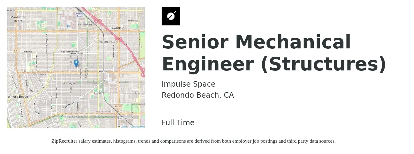 Impulse Space job posting for a Senior Mechanical Engineer (Structures) in Redondo Beach, CA with a salary of $110,700 to $146,100 Yearly with a map of Redondo Beach location.