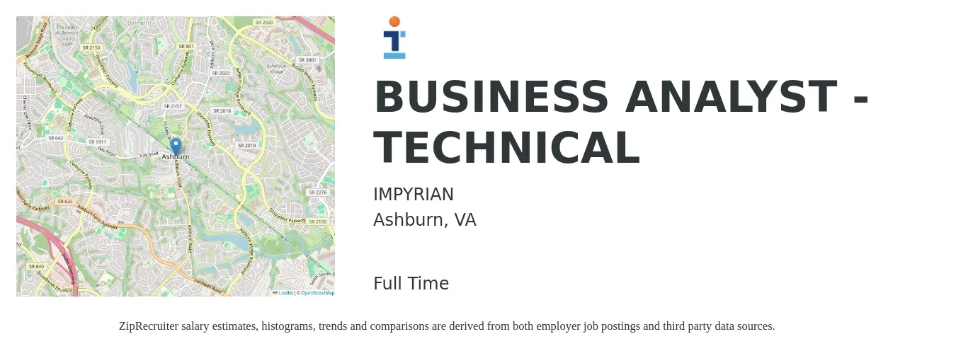 IMPYRIAN job posting for a BUSINESS ANALYST - TECHNICAL in Ashburn, VA with a salary of $42 to $64 Hourly with a map of Ashburn location.