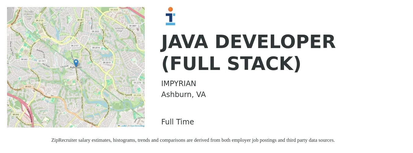 IMPYRIAN job posting for a JAVA DEVELOPER (FULL STACK) in Ashburn, VA with a salary of $54 to $69 Hourly with a map of Ashburn location.