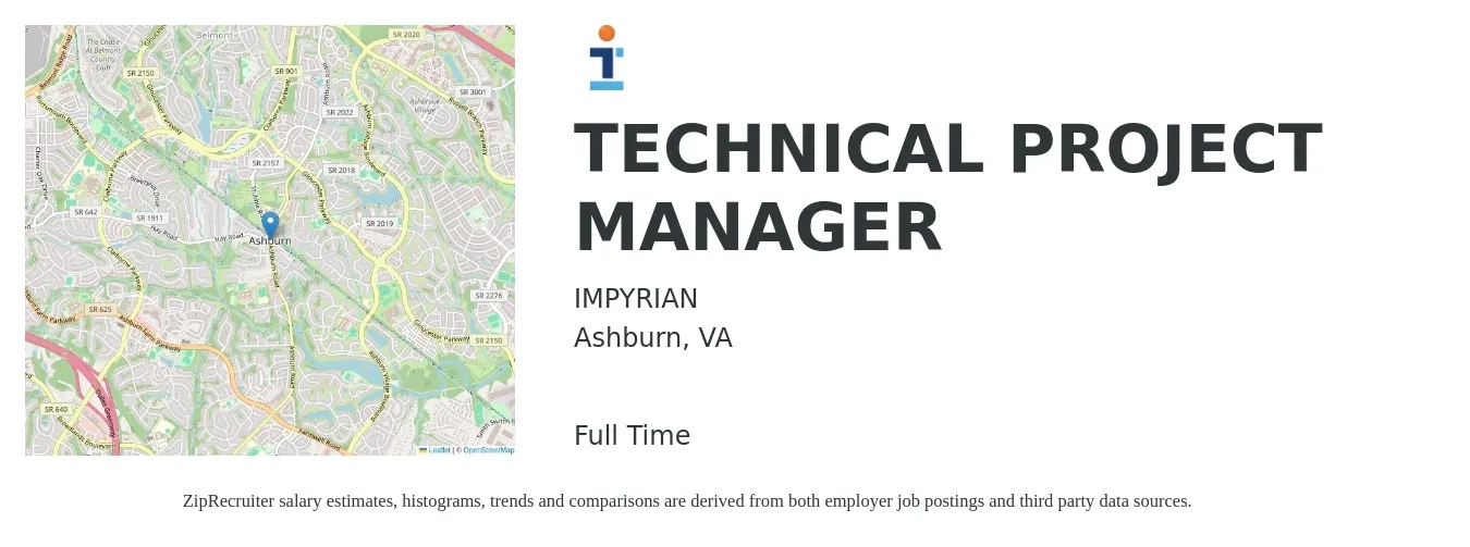 IMPYRIAN job posting for a TECHNICAL PROJECT MANAGER in Ashburn, VA with a salary of $98,200 to $137,500 Yearly with a map of Ashburn location.