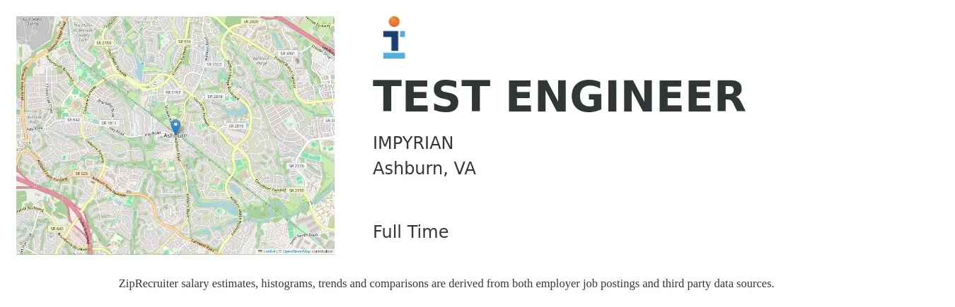 IMPYRIAN job posting for a TEST ENGINEER in Ashburn, VA with a salary of $36 to $56 Hourly with a map of Ashburn location.
