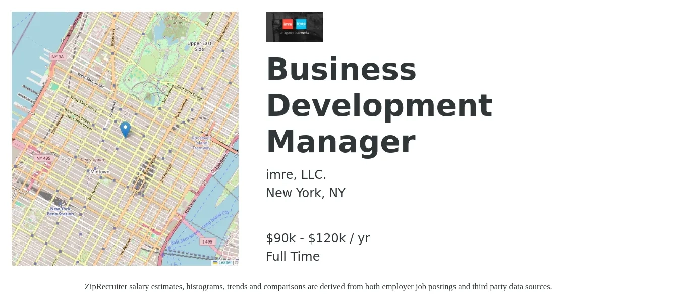 imre job posting for a Business Development Manager in New York, NY with a salary of $90,000 to $120,000 Yearly with a map of New York location.