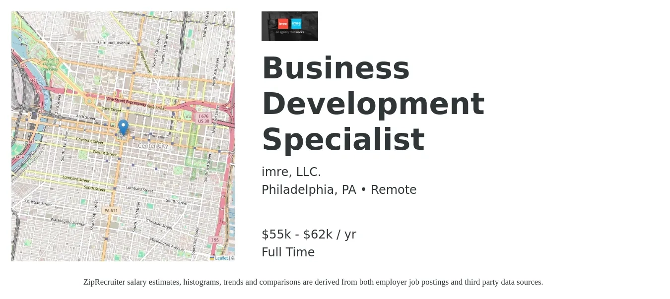 imre job posting for a Business Development Specialist in Philadelphia, PA with a salary of $55,000 to $62,000 Yearly with a map of Philadelphia location.