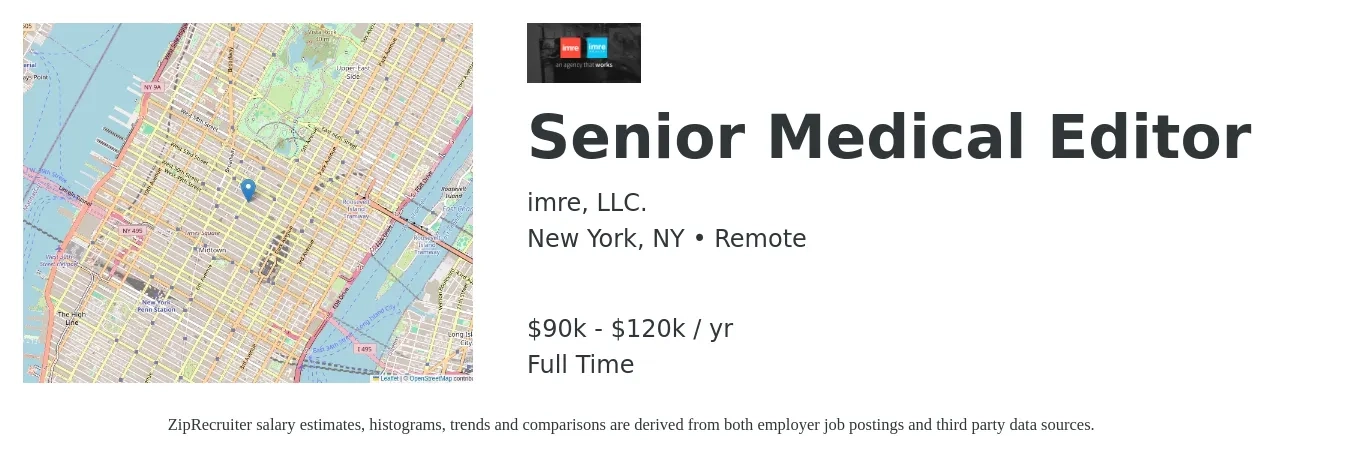 imre, LLC. job posting for a Senior Medical Editor in New York, NY with a salary of $90,000 to $120,000 Yearly with a map of New York location.