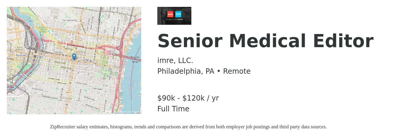 imre job posting for a Senior Medical Editor in Philadelphia, PA with a salary of $90,000 to $120,000 Yearly with a map of Philadelphia location.