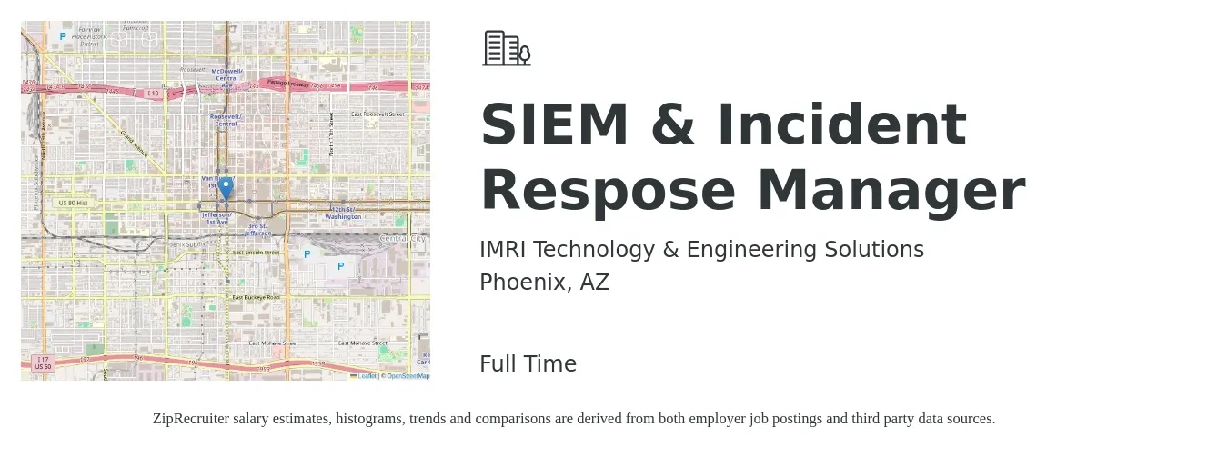 IMRI Technology & Engineering Solutions job posting for a SIEM & Incident Respose Manager in Phoenix, AZ with a salary of $88,400 to $170,800 Yearly with a map of Phoenix location.