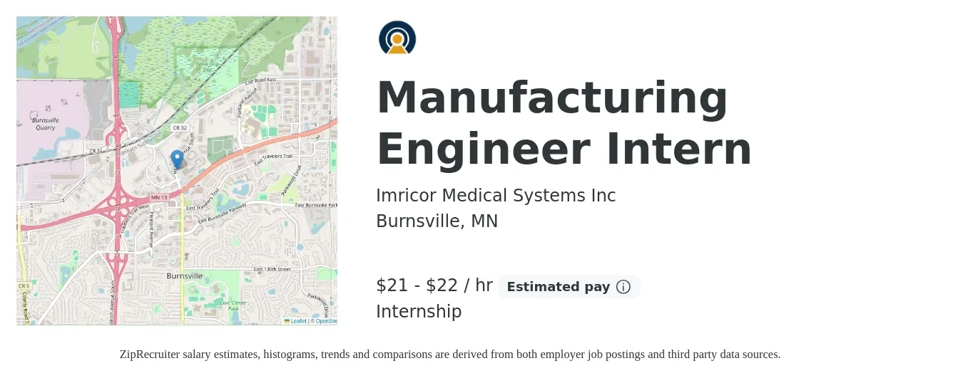 Imricor Medical Systems Inc job posting for a Manufacturing Engineer Intern in Burnsville, MN with a salary of $22 to $24 Hourly with a map of Burnsville location.