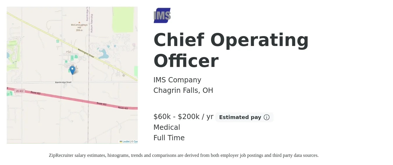 IMS Company job posting for a Chief Operating Officer in Chagrin Falls, OH with a salary of $60,000 to $200,000 Yearly and benefits including medical, and pto with a map of Chagrin Falls location.