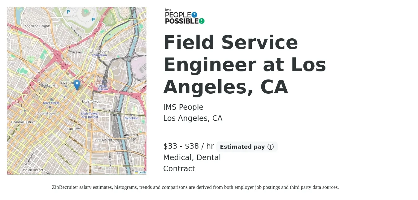 IMS People job posting for a Field Service Engineer at Los Angeles, CA in Los Angeles, CA with a salary of $35 to $40 Hourly and benefits including medical, and dental with a map of Los Angeles location.