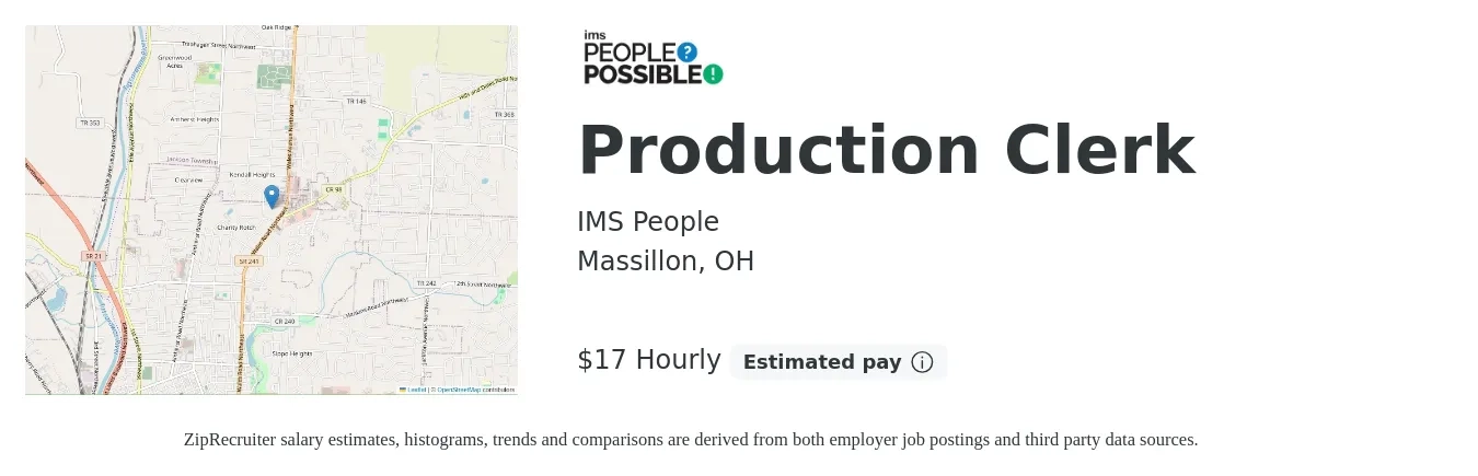 IMS People job posting for a Production Clerk in Massillon, OH with a salary of $18 Hourly with a map of Massillon location.