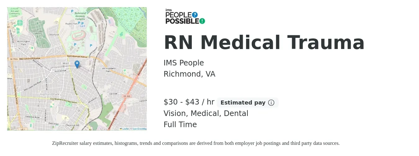 IMS People job posting for a RN Medical Trauma in Richmond, VA with a salary of $32 to $45 Hourly and benefits including vision, dental, life_insurance, medical, and pto with a map of Richmond location.