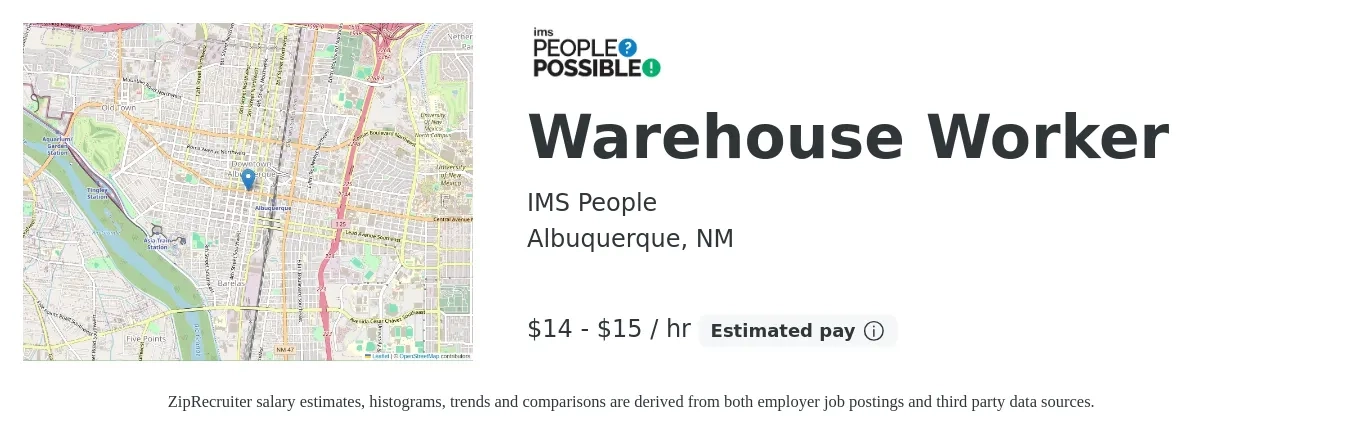 IMS People job posting for a Warehouse Worker in Albuquerque, NM with a salary of $15 to $16 Hourly with a map of Albuquerque location.