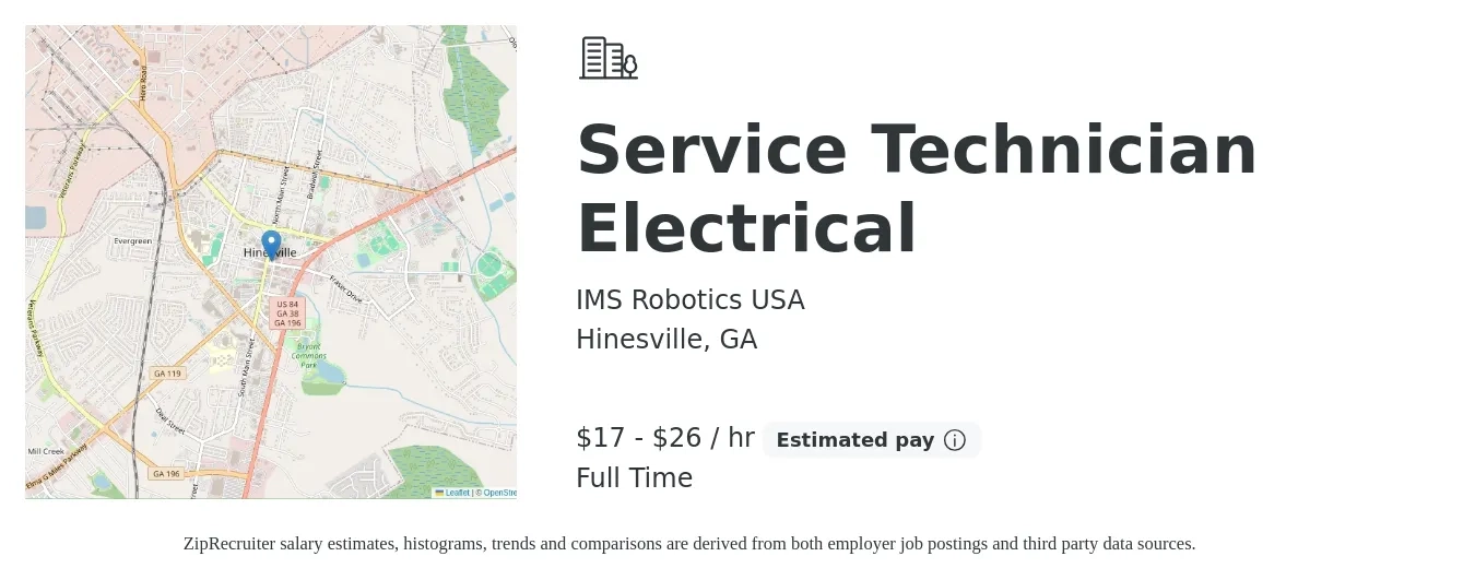 IMS Robotics USA job posting for a Service Technician Electrical in Hinesville, GA with a salary of $18 to $28 Hourly with a map of Hinesville location.