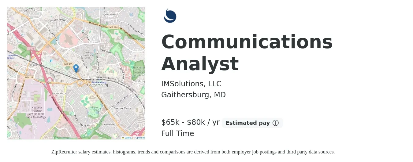 IMSolutions, LLC job posting for a Communications Analyst in Gaithersburg, MD with a salary of $65,000 to $80,000 Yearly with a map of Gaithersburg location.