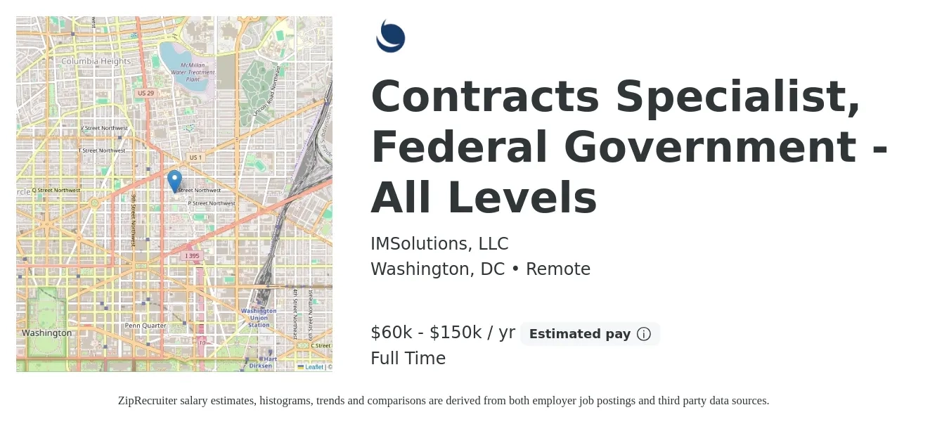 IMSolutions, LLC job posting for a Contracts Specialist, Federal Government - All Levels in Washington, DC with a salary of $60,000 to $150,000 Yearly with a map of Washington location.