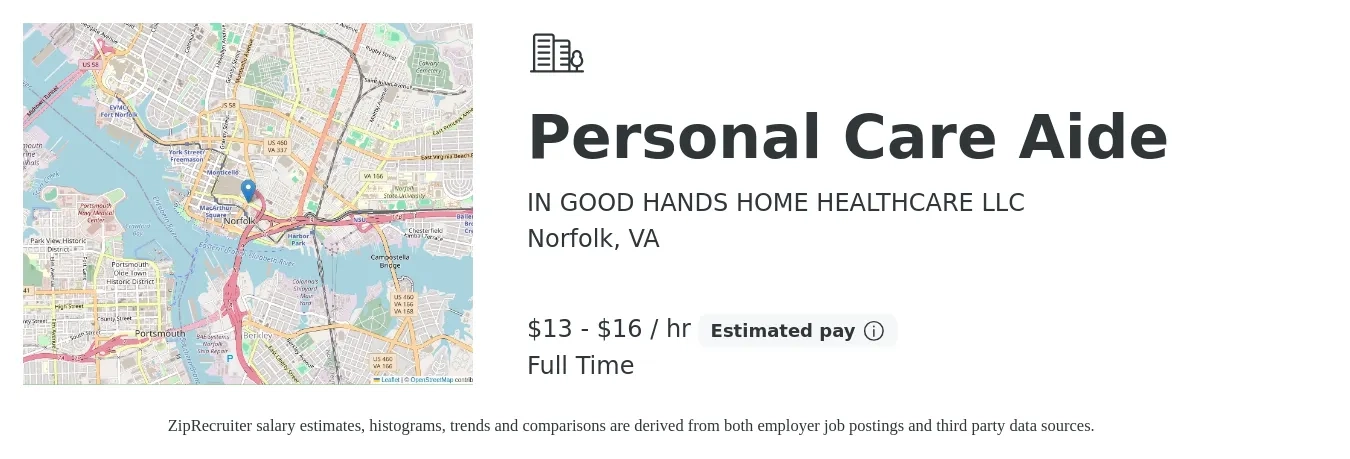 IN GOOD HANDS HOME HEALTHCARE LLC job posting for a Personal Care Aide in Norfolk, VA with a salary of $14 to $17 Hourly with a map of Norfolk location.