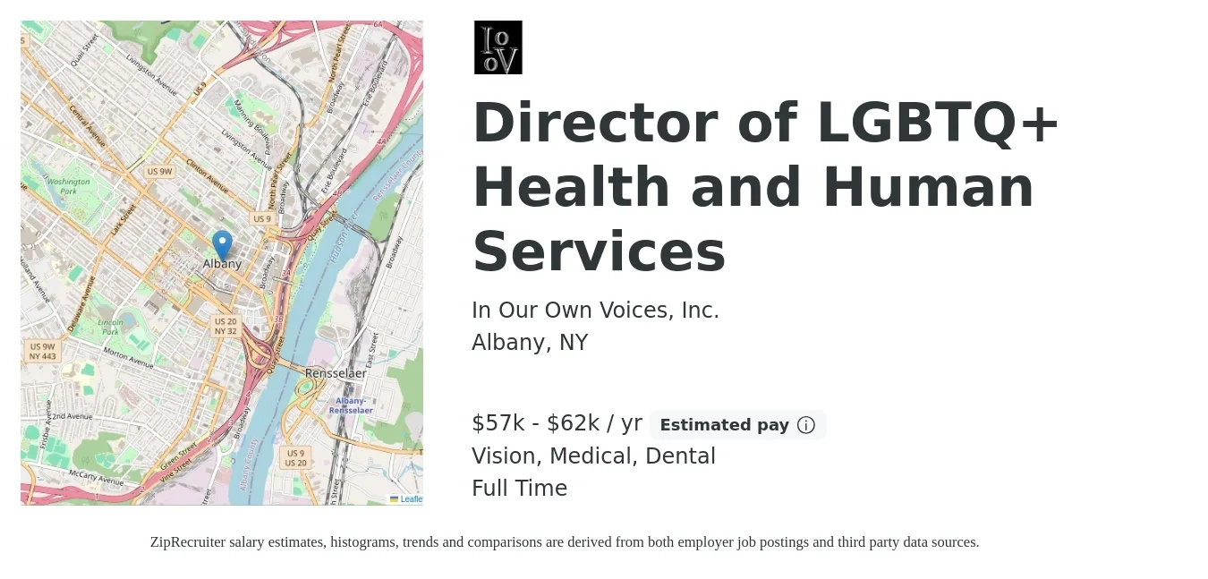 In Our Own Voices, Inc. job posting for a Director of LGBTQ+ Health and Human Services in Albany, NY with a salary of $57,000 to $62,500 Yearly and benefits including retirement, vision, dental, and medical with a map of Albany location.