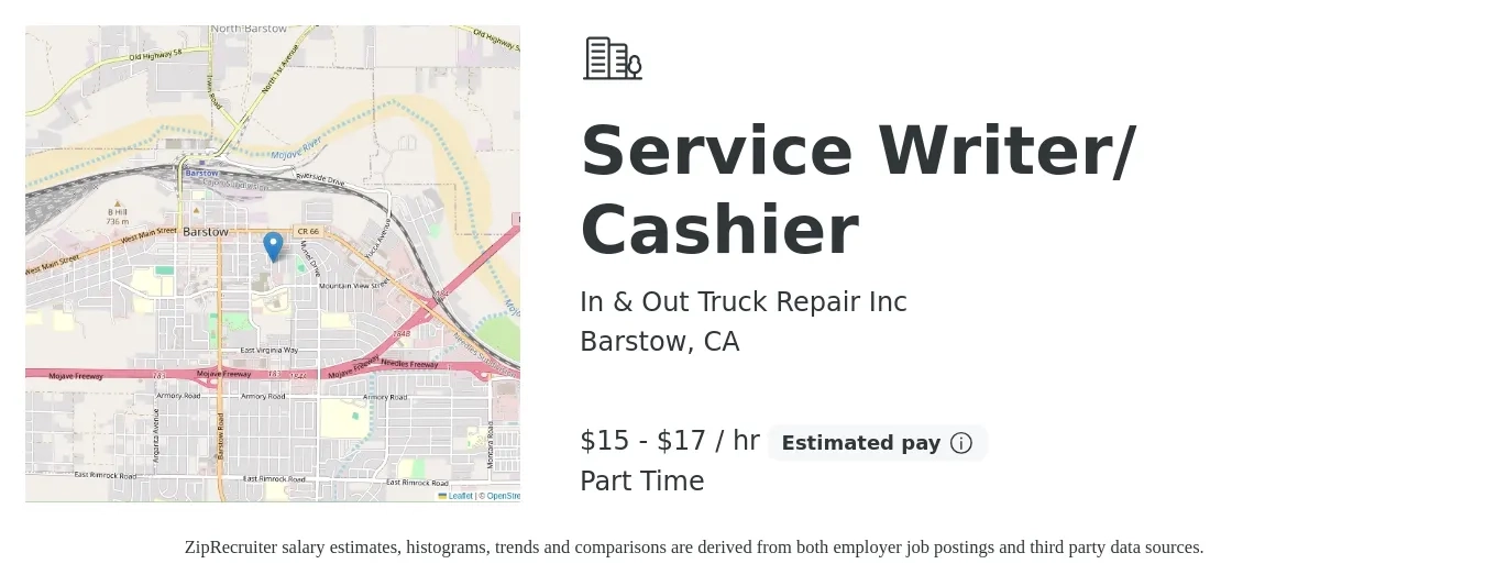 In & Out Truck Repair Inc job posting for a Service Writer/ Cashier in Barstow, CA with a salary of $16 to $18 Hourly with a map of Barstow location.
