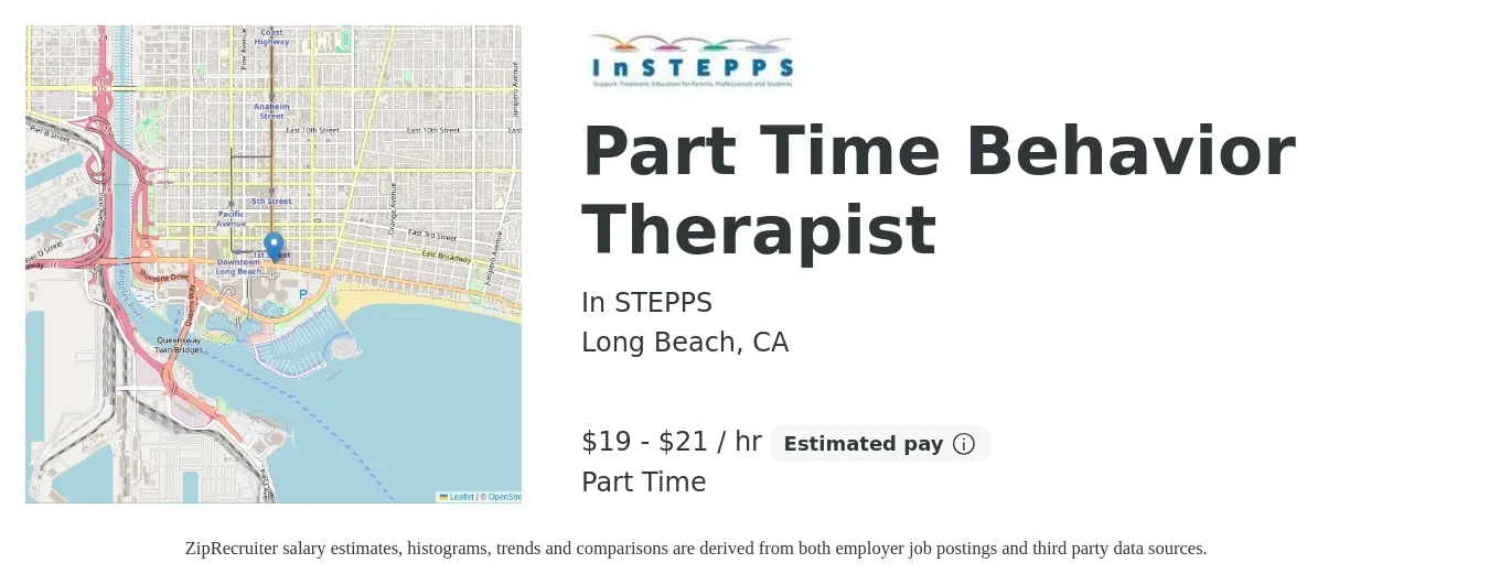 In STEPPS job posting for a Part Time Behavior Therapist in Long Beach, CA with a salary of $20 to $22 Hourly with a map of Long Beach location.