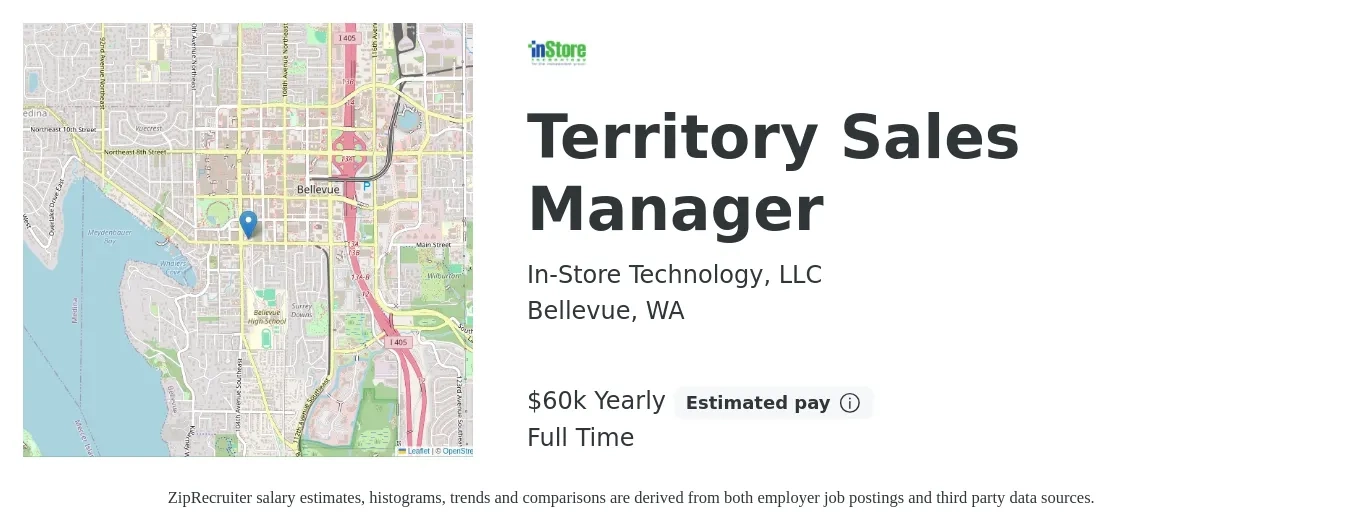 In-Store Technology, LLC job posting for a Territory Sales Manager in Bellevue, WA with a salary of $60,000 Yearly with a map of Bellevue location.
