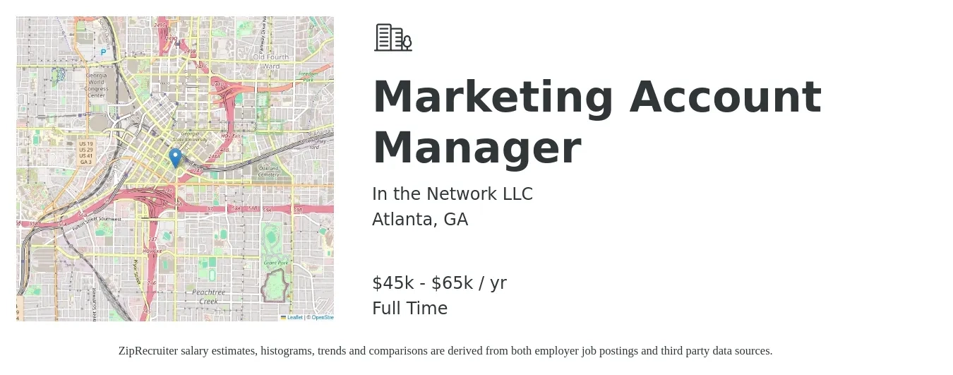 In the Network LLC job posting for a Marketing Account Manager in Atlanta, GA with a salary of $45,000 to $65,000 Yearly with a map of Atlanta location.