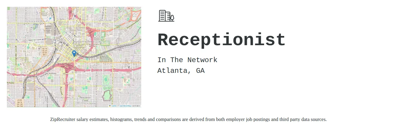 In The Network job posting for a Receptionist in Atlanta, GA with a salary of $15 to $20 Hourly with a map of Atlanta location.