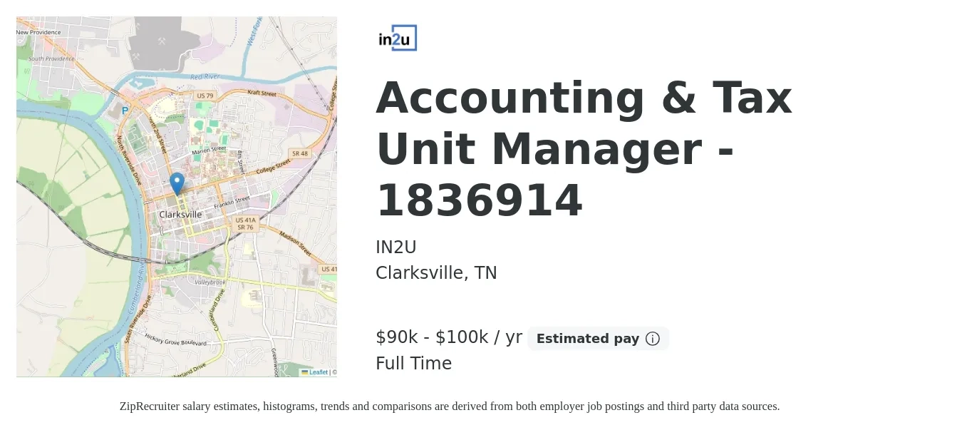 IN2U job posting for a Accounting & Tax Unit Manager - 1836914 in Clarksville, TN with a salary of $90,000 to $100,000 Yearly with a map of Clarksville location.