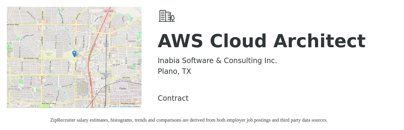 Inabia Software & Consulting Inc. job posting for a AWS Cloud Architect in Plano, TX with a salary of $62 to $81 Hourly with a map of Plano location.
