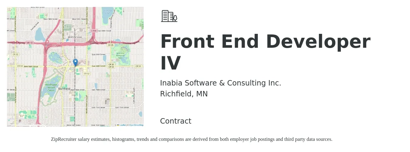 Inabia Software & Consulting Inc. job posting for a Front End Developer IV in Richfield, MN with a salary of $107,700 to $125,300 Yearly with a map of Richfield location.